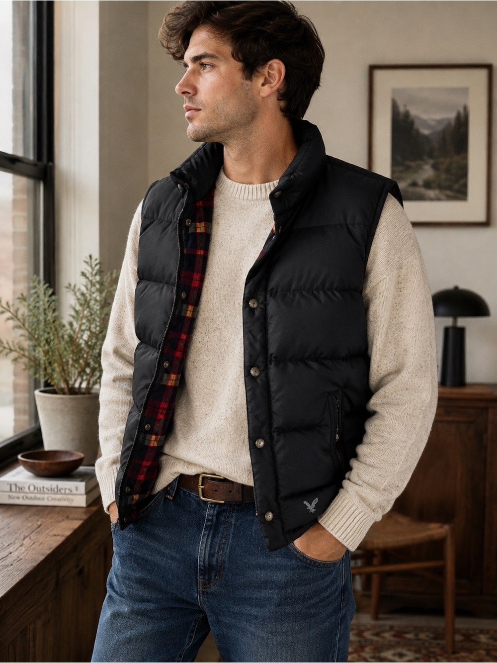 American Eagle Outfitters Black Quilted Puffer Vest with Plaid Lining
